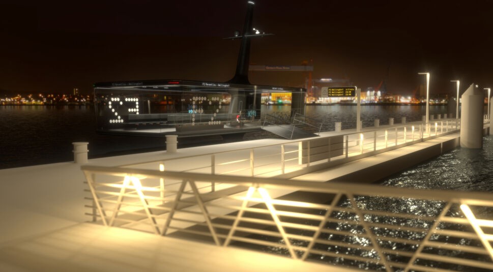 Die Kieler Innenförde bei Nacht als digitale Simulation. Eine mit 5G vernetzte autonome Fähre liegt im beleuchteten Hafen an.