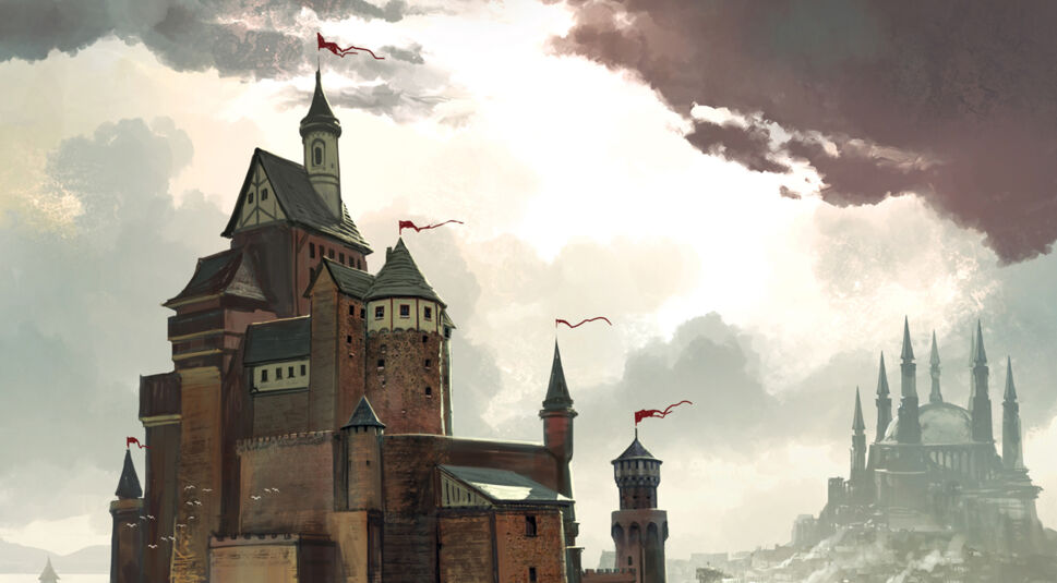 Ein Schloss vor einem bewölkten Himmel im Spiel "Game of Thrones: The Board Game"
