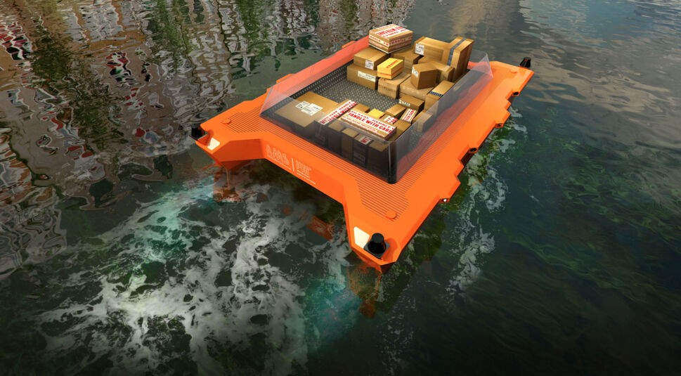 Eine 3D-Abbildung zeigt, wie das autonom fahrende Roboter-Boot Roboat Waren im Wasser transportiert.