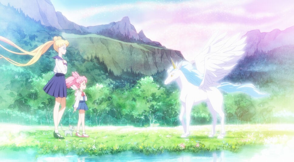 Bunny und Chibiusa treffen Pegasus. Eine Szene aus Pretty Guardian Sailor Moon Eternal
