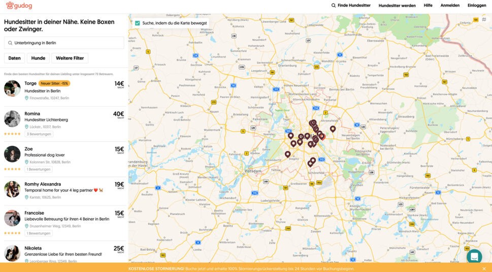 Die Suchfunktion der Website der Gudog-App