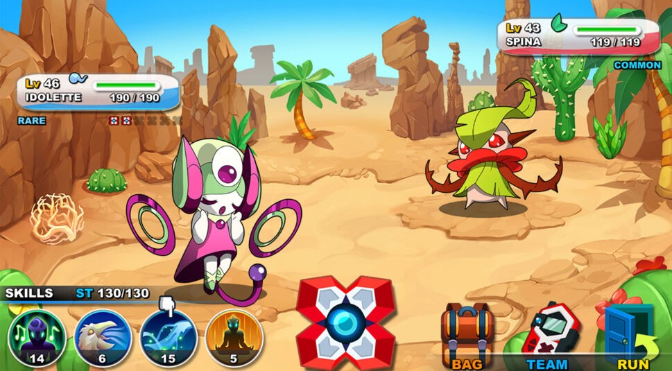 Zwei Nexomon kämpfen in einer Wüste gegeneinander