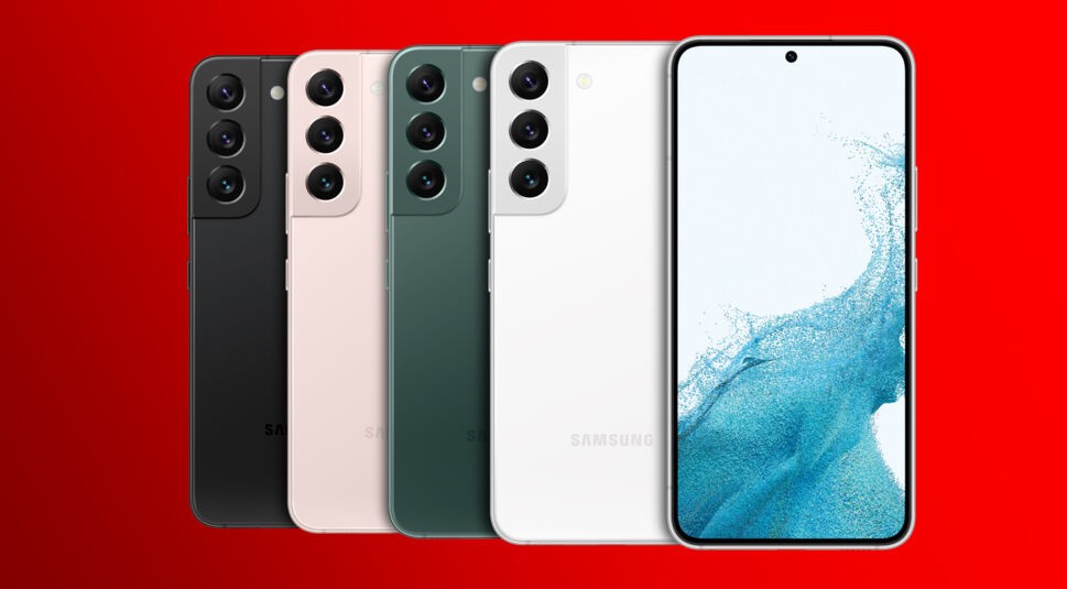 Unterschiedliche Farben des Samsung Galaxy S22. S22+ Phantom Black, Pink Gold, Green und Phantom White