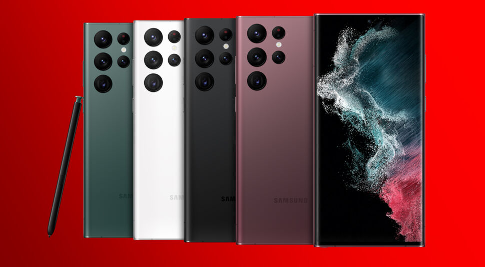 Farben des Samsung Galaxy S22 Ultra Phantom Black, Burgundy, Green und Phantom White