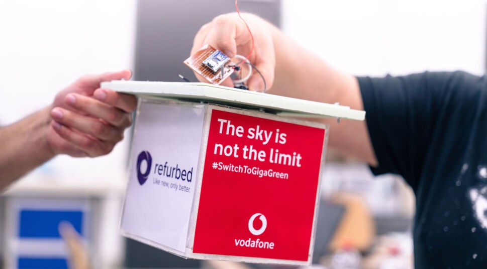 Ein teil der Gondel vom Vodafone Stratosphärenflug in Nahaufnahme