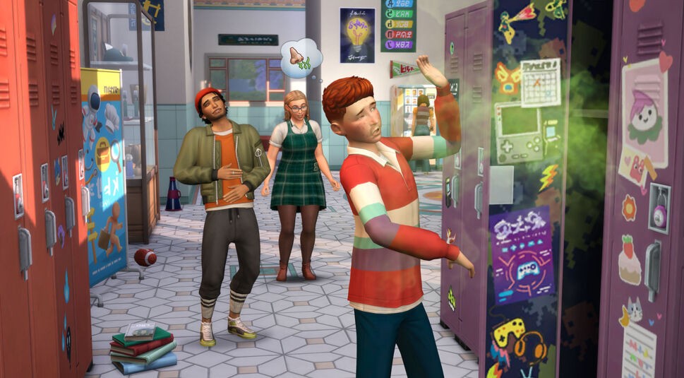 Ein Schüler öffnet seinen schlecht riechenden Spind im ie Sims 4 Highschool-Jahre-Erweiterungspack