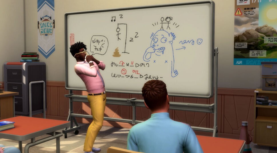 Ein Lehrer entdeckt einen Streich an der Tafel im Die Sims 4 Highschool-Jahre-Erweiterungspack