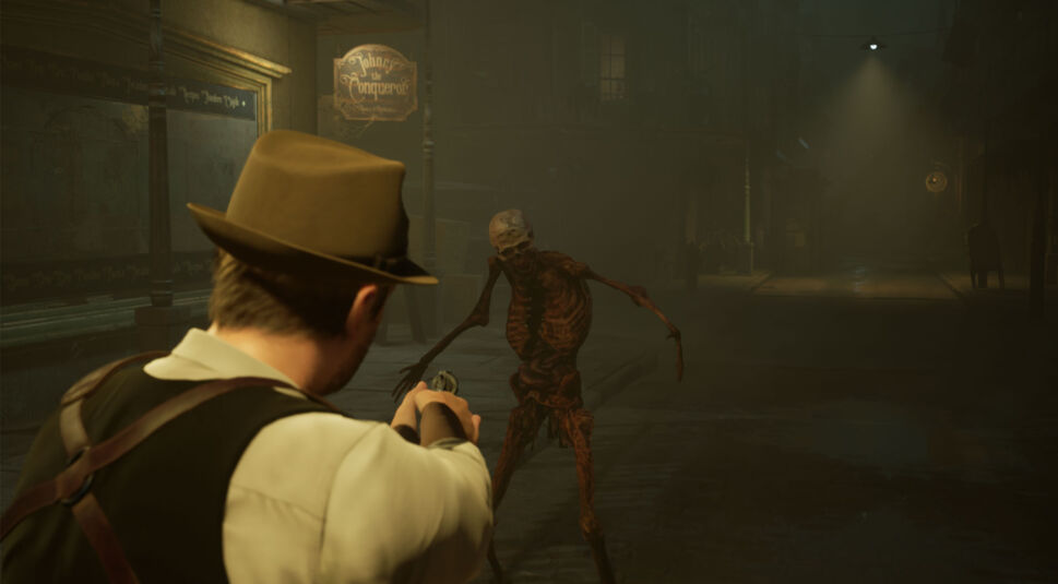Edward zielt mit seiner Pistole auf ein lebendes Skelett im Remake von Alone in the Dark