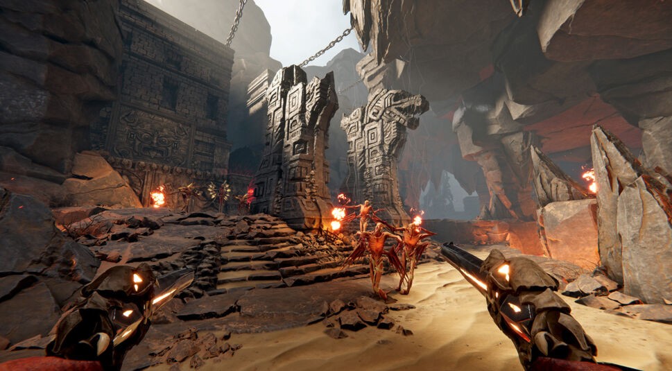 Ego-Shooter-Perspektive aus dem Spiel Metal: Hellsinger