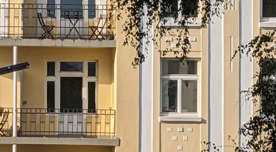 Gelbes Haus in Großaufnahme mit schwarzen Blättern im Vordergrund