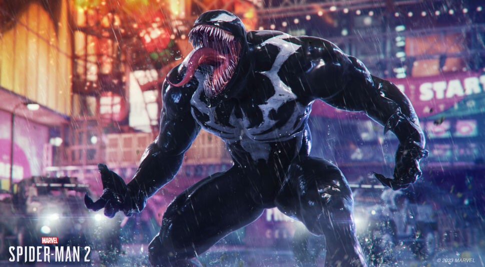 Venom streckt seine fiese Zunge heraus, während er vor einer nächtlichen Kulisse steht