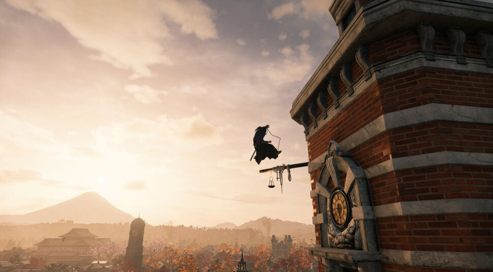 Der Protagonist klettert in Rise of the Ronin an einer Hauswand empor