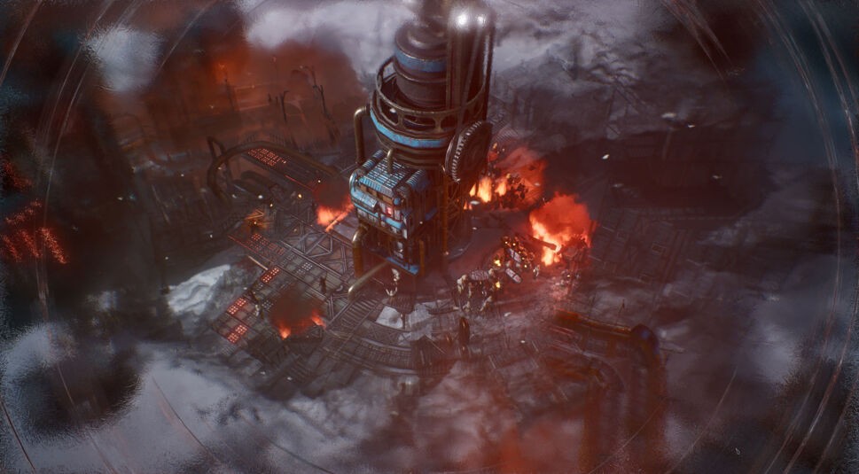 Auf dem Bild im Test zu Frostpunk 2 ist eine Detailaufnahme aus der Story-Kampagne zu sehen. Ein zentraler Turm in einer verschneiten Stadt.