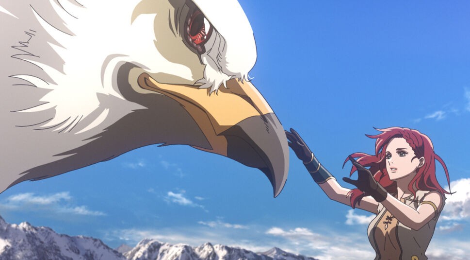 Auf dem Bild aus Der Herr der Ringe - Die Schlacht der Rohirrim ist die Figur Héra zu sehen, wie sie sich einem riesigen Adler nähert und dabei ihre behandschuhte Hand ausstreckt. Héra hat langes, rotes Haar und trägt abenteuerliche Kleidung mit Leder-Details. Die Szene spielt vor einem Hintergrund aus schneebedeckten Bergen und klarem, blauem Himmel, was die epische und mystische Stimmung unterstreicht.