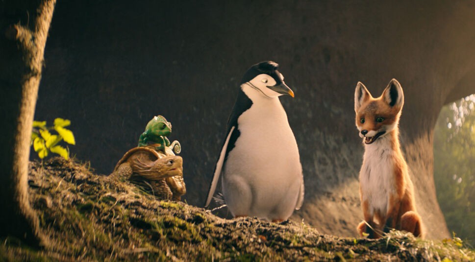 Auf dem Bild in dem GigaTV-Highlights im Februar Artikel sind die sprechenden Tiere aus Die Schule der magischen Tiere 3 zu sehen. Der Pinguin steht in der Mitte mit neugierigem Blick, während der Fuchs rechts mit aufgeregtem Ausdruck sitzt. Links sind die Schildkröte mit einem Chamäleon auf ihrem Panzer zu erkennen.