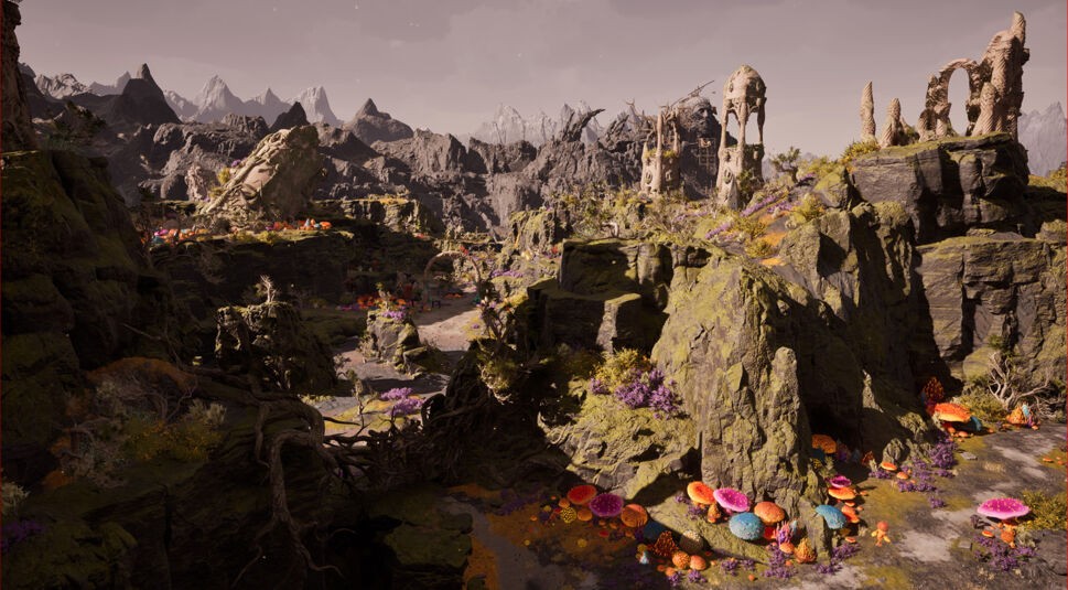 Auf dem Bild aus Avowed ist eine zerklüftete, mystische Landschaft mit moosbedeckten Felsen, bunten Pilzen und violetten Blumen zu sehen. Im Hintergrund erheben sich schroffe Berge, während uralte, verfallene Ruinen mit verzierten Bögen die Szenerie prägen. Die Atmosphäre wirkt geheimnisvoll und lädt zur Erkundung ein.