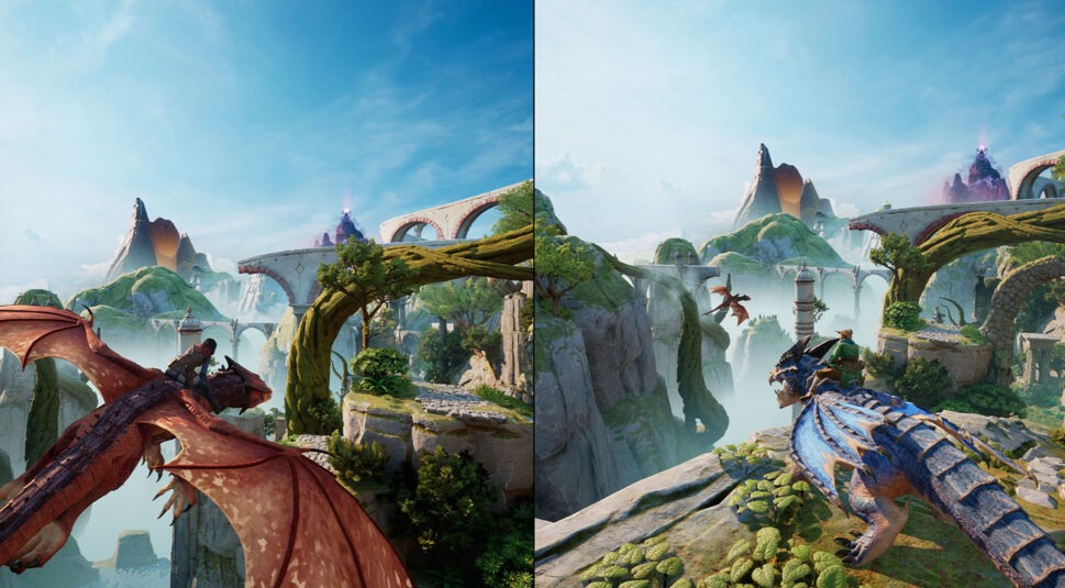 Der Screenshot aus Split Fiction Test zeigt eine malerische Fantasy-Landschaft mit schwebenden Inseln, alten Ruinen und einem leuchtenden Berg im Hintergrund. Links fliegt eine Figur auf einem roten Drachen durch die Lüfte, während rechts eine andere Person in grüner Kleidung auf einem blauen, drachenähnlichen Wesen sitzt und das Panorama betrachtet. Die Szene wirkt majestätisch und abenteuerlich.