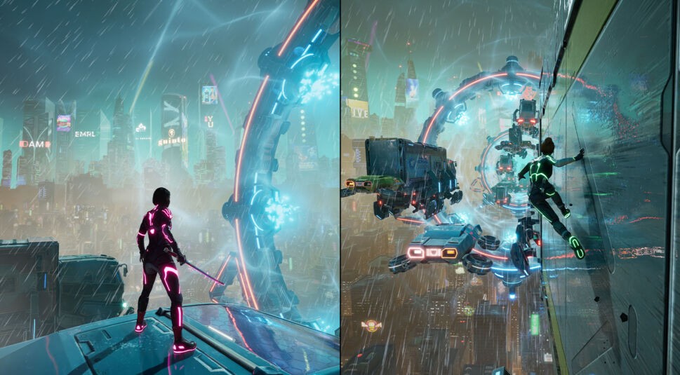 Der Screenshot aus Split Fiction Test zeigt eine futuristische Stadt bei Regen, beleuchtet von Neonlichtern. Links steht eine Figur in einem schwarzen Anzug mit pinken Leuchtelementen und hält ein Schwert, während sie auf ein großes, leuchtendes Portal blickt. Rechts klettert eine andere Figur mit grün leuchtender Kleidung eine Wand hinauf, während schwebende Fahrzeuge und Maschinen die Szene beleben.