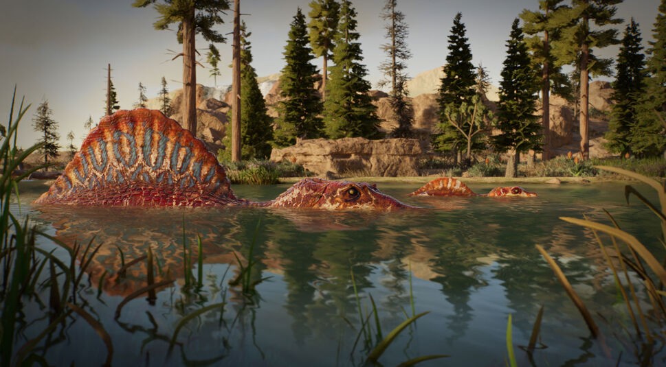 In dieser Szene aus Jurassic World Evolution 3 schwimmen zwei rot-orange gefärbte Dinosaurier mit charakteristischem Rückensegel durch einen klaren See inmitten eines Nadelwald-Biotops. Die detaillierte Wasserspiegelung betont die realistische Darstellung. Jurassic World Evolution 3-Tipps zeigen hier, wie wichtig natürliche Lebensräume für semi-aquatische Dinosaurier im Parkmanagement sind.