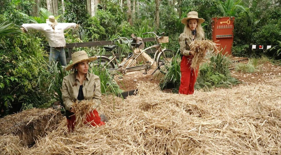 Auf dem Bild zu Dschungelcamp Tag 13 sind Eva und Ariel im Camp-Alltag zu sehen. Beide tragen typische Dschungelcamp-Kleidung mit roten Hosen und Hüten und arbeiten mit Stroh in einer grünen, dschungelartigen Umgebung. Die Stimmung wirkt konzentriert und leicht angespannt.