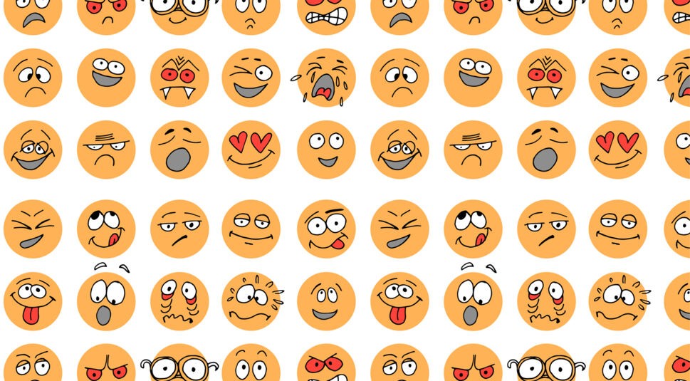 Seamless pattern with hand drawn emoticons, doodle characters