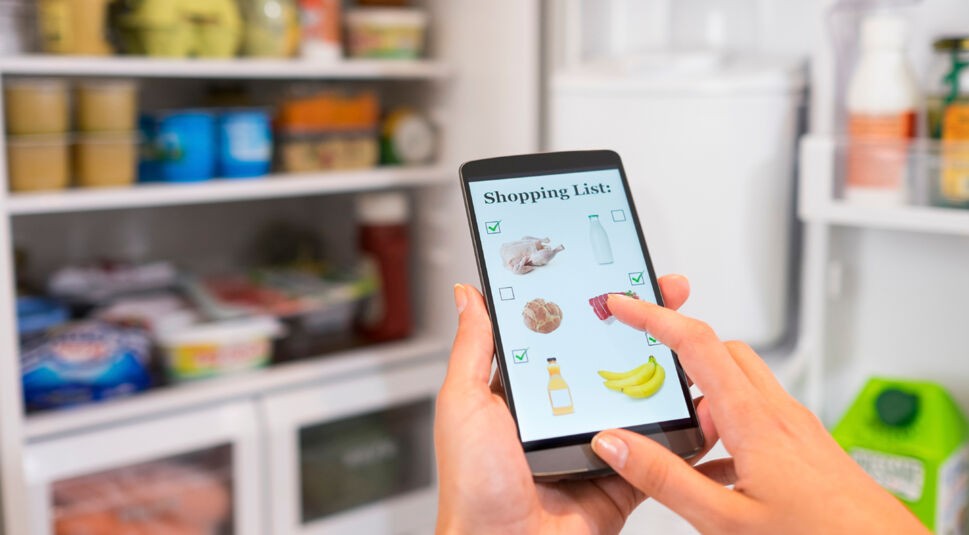 Woman makes her shopping list on his phone connected to the refr