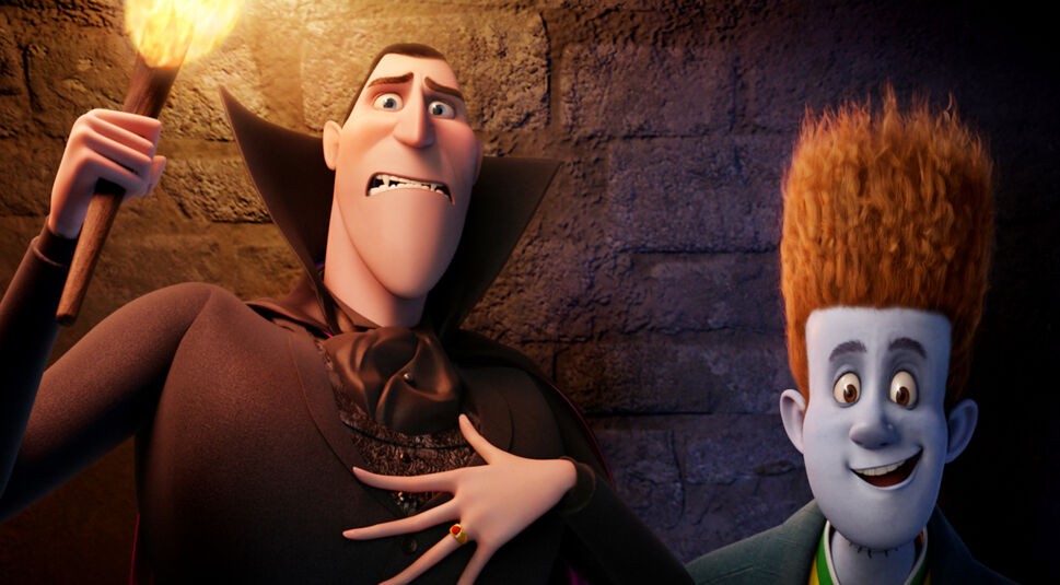 Dracula (voiced by Adam Sandler) and Johnnystein (voiced by Andy Samberg) in HOTEL TRANSYLVANIA, an animated comedy from Sony Pictures Animation.