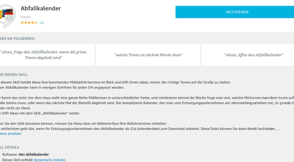 Jeder Skill für Amazon Echo hat eine Übersichtsseite.