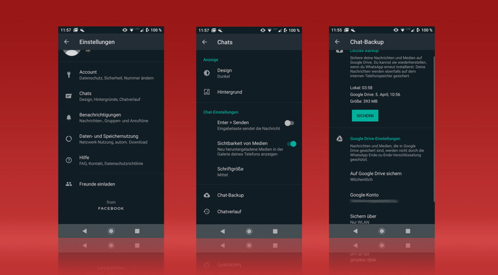 Screenshots von WhatsApp unter Android zeigen den Weg zur Backup-Funktion