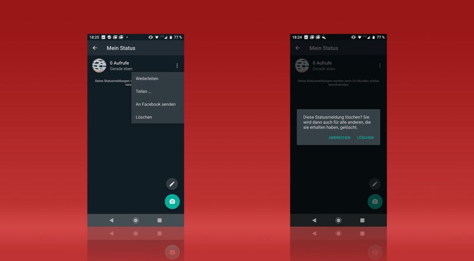 Screenshots aus der Android-Version von WhatsApp zeigen, wie Du eine Statusmeldung löschst