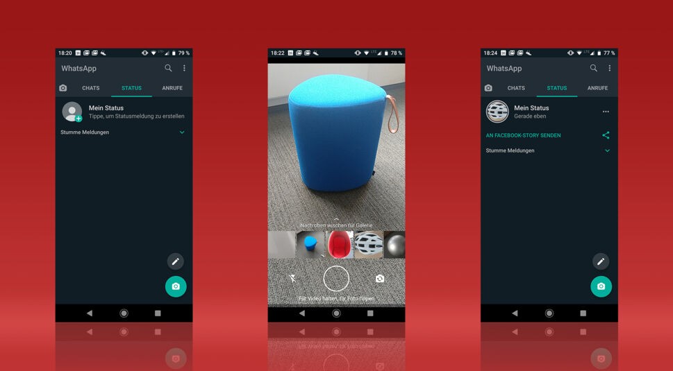 Screenshots aus der Android-Version von WhatsApp zeigen, wie Du ein Foto als Statusmeldung einstellst