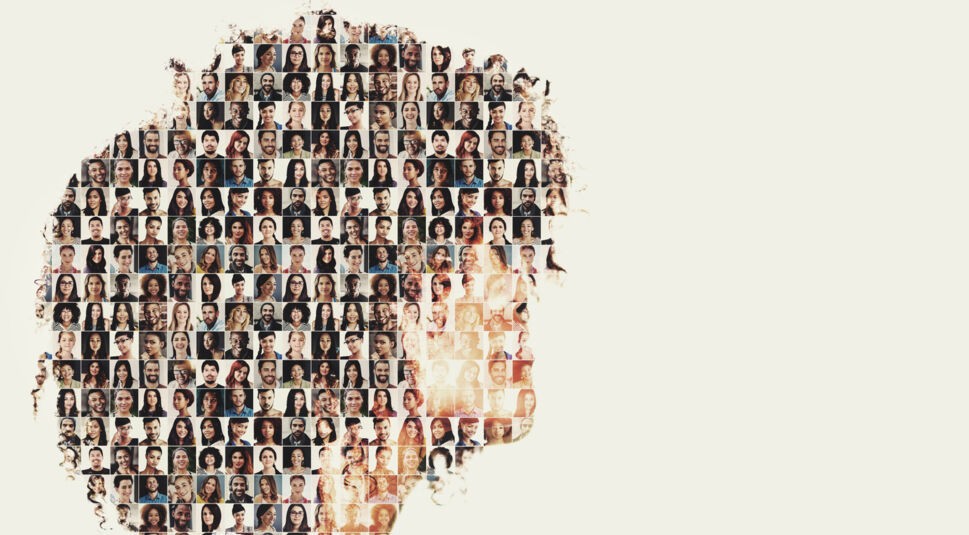 Kopf eines Mannes mit Bildcollage