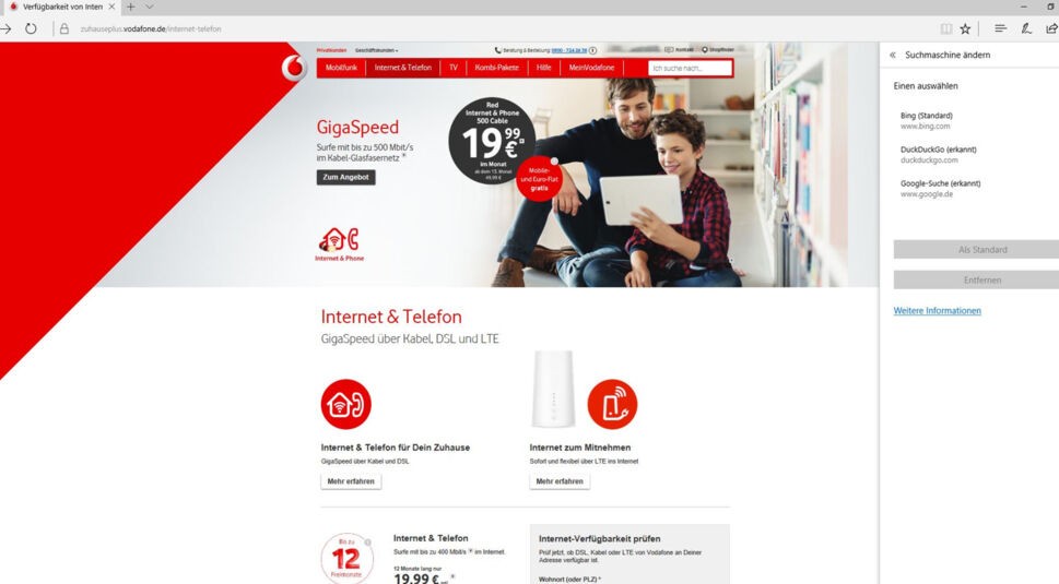 In Microsoft Edge kannst Du die Suchmaschine aussuchen.