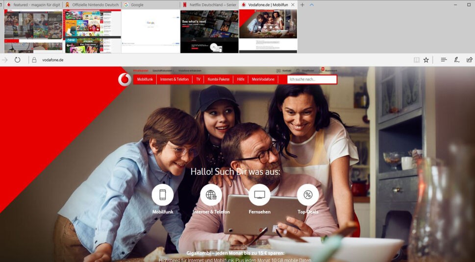 Der Microsoft Edge-Browser zeigt Tabs in einer Miniaturansicht an.