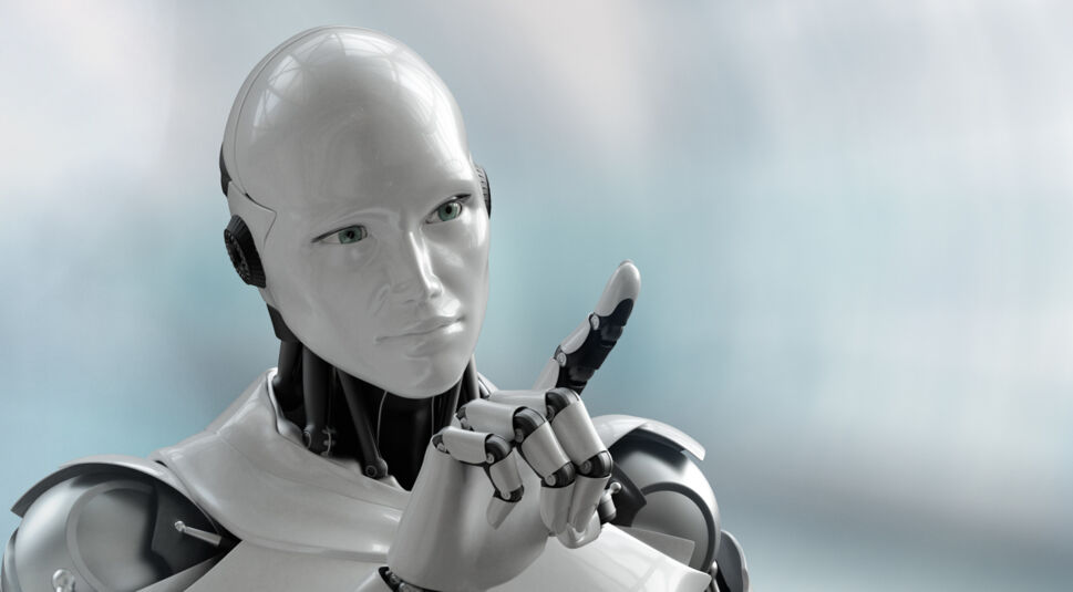 Roboter zeigt mit dem Finger.