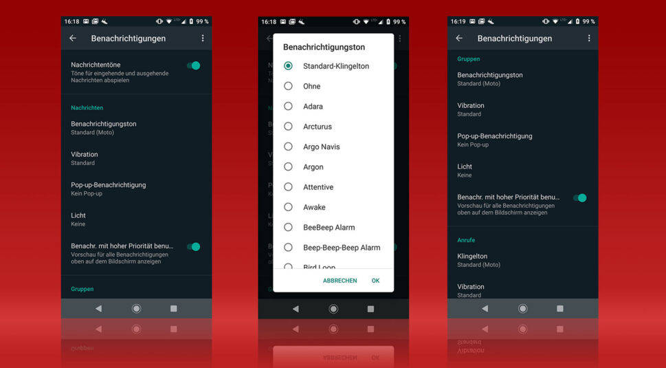 Screenshots zeigen die Benachrichtigungseinstellungen unter WhatsApp für Android