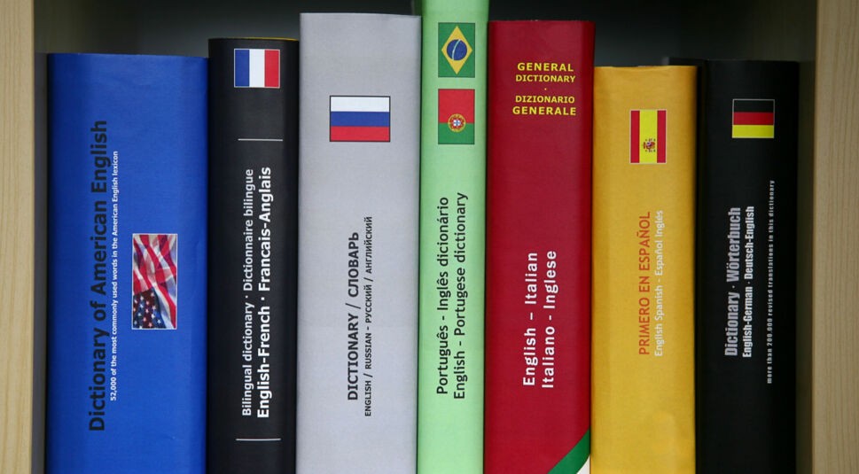 Wörterbücher für verschiedene Sprachen im Regal.