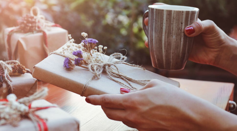 Junge Frau hält ein eingepacktes Buch in die Händen.