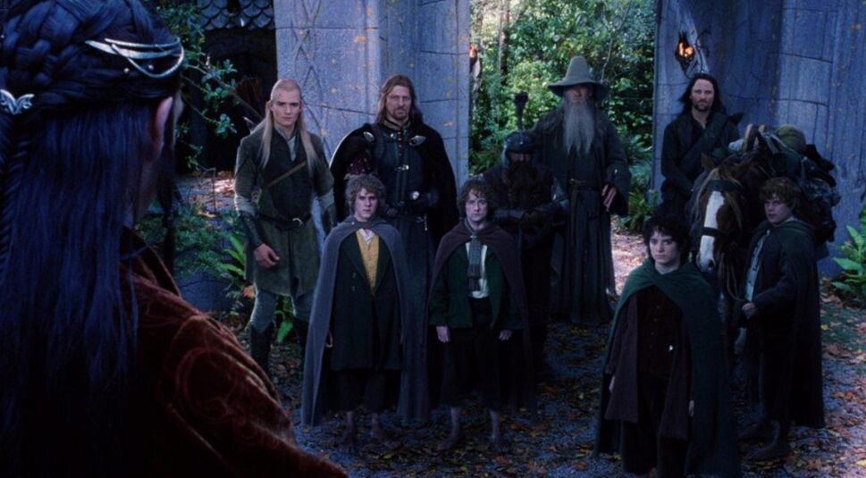 Orlando Bloom, Dominic Monaghan, Sean Bean, Billy Boyd, John Rhys-Davies, Ian McKellen, Viggo Mortensen, Elijah Wood und Sean Astin in Der Herr der Ringe: Die Gefährten