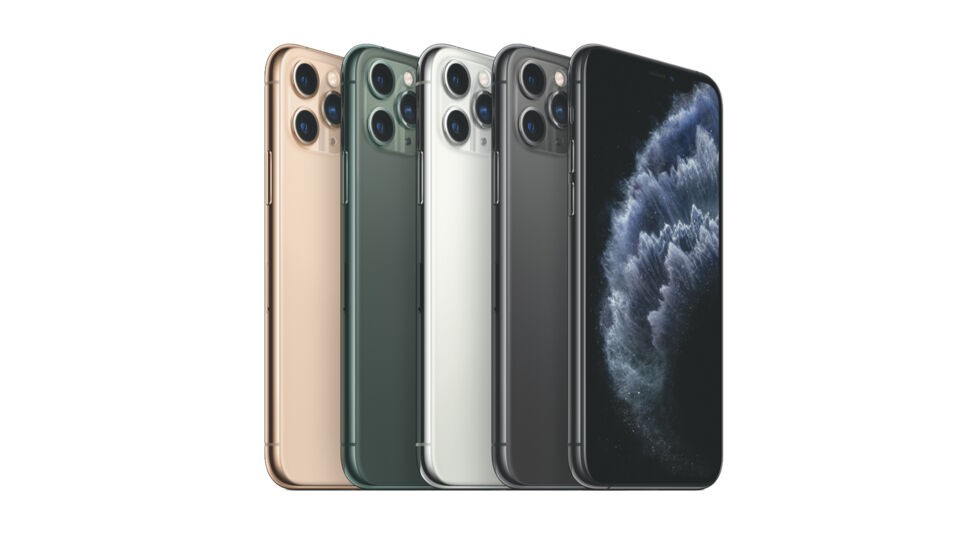 Das iPhone 11 Pro in fünf Farben (Gold, Grün, Weiß, Grau, Schwarz).