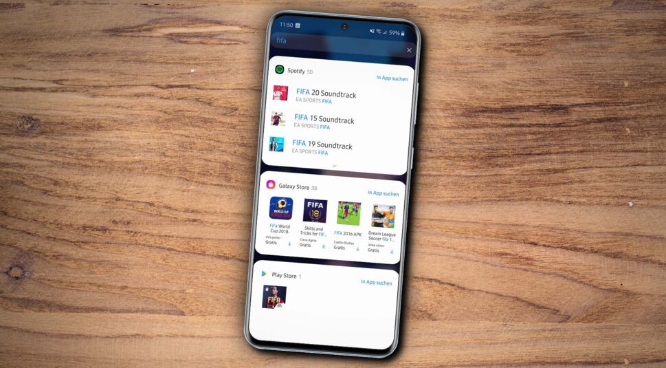  Die Suchoption des Galaxy S20 findet sogar Apps im Google Play Store und im Samsung Galaxy Store.