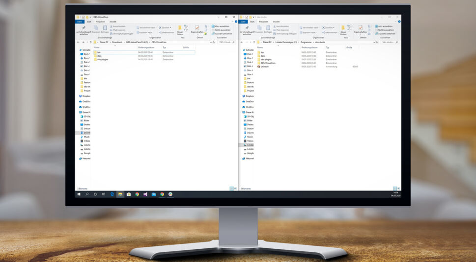 Die Ordnerstrukturen des Virtual-Camera-Plugins und von OBS Studio nebeneinander unter Windows 10