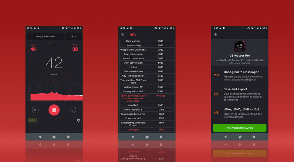 Screenshots aus der App dB Messer Pro zeigen die Mess-Ansicht, eine Liste zum Lautstärkenvergleich und die Extras der kostenpflichtigen Version.