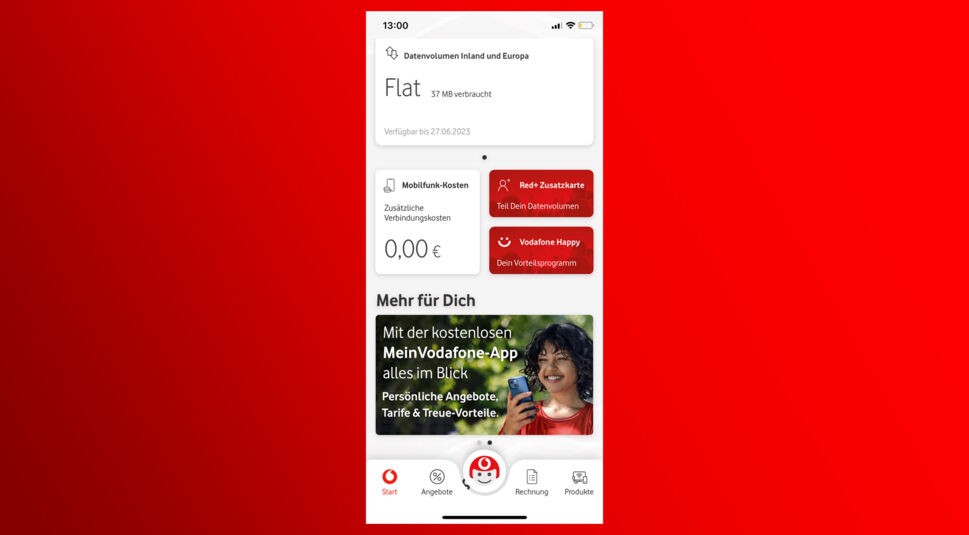 Das Startmenü der MeinVodafone-App.