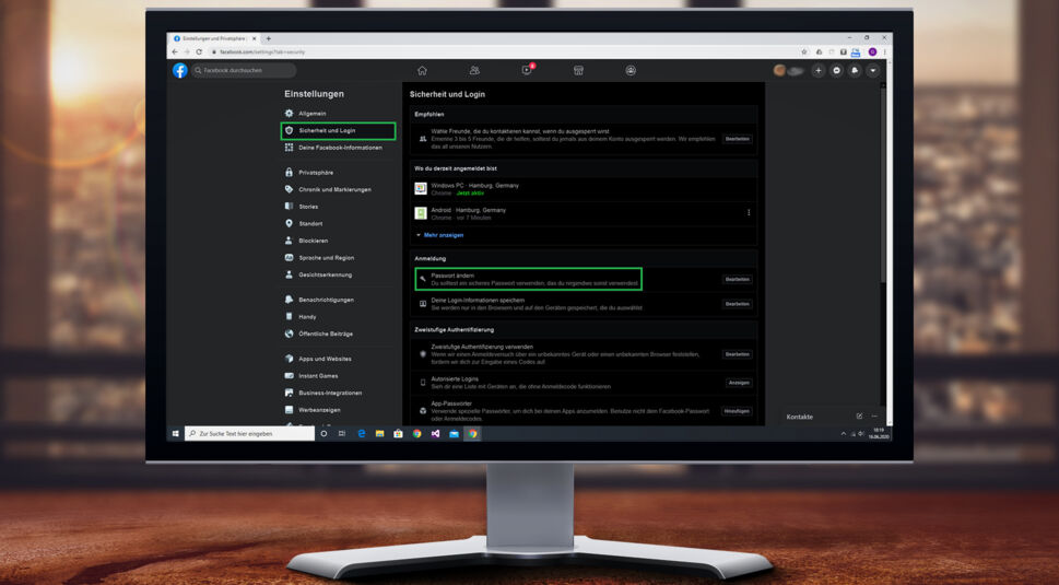 Screenshot der Sicherheitseinstellungen auf der Facebook-Webseite