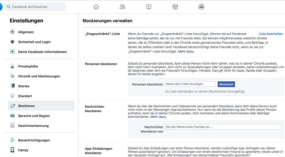 Person bei Facebook blockieren: in der Desktop-Version