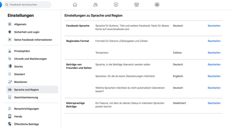 Screenshot Facebook-Menü "Sprache und Region"