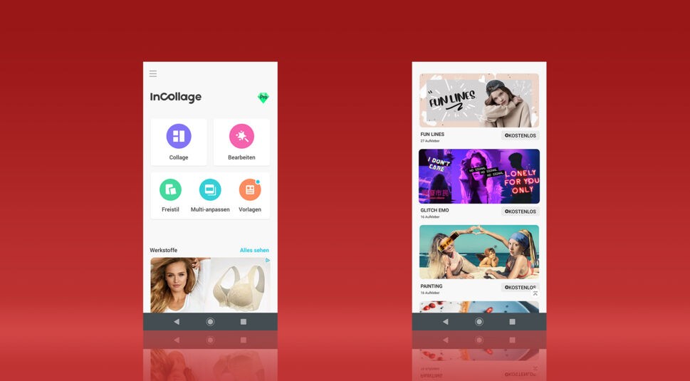 Screenshots aus der Android-App InCollage zeigen die einfache Menüführung und die verschiedenen Vorlagen-Bereiche