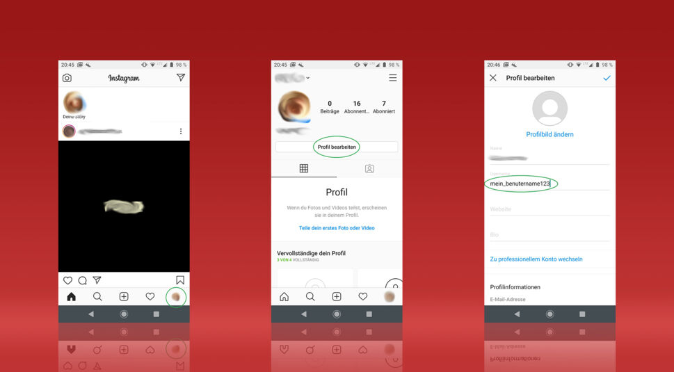 Drei Instagram-Screenshots zeigen den Weg zur Einstellung Deines Benutzernamens