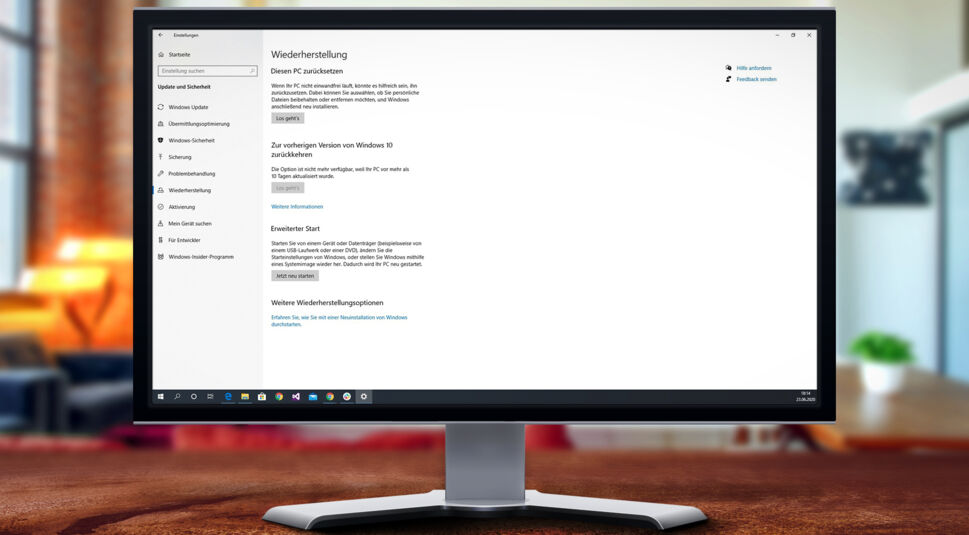 Windows 10 Ansicht des Bereichs Wiederherstellung. Hier gut sichtbar: Die Option "Diesen PC zurücksetzen"